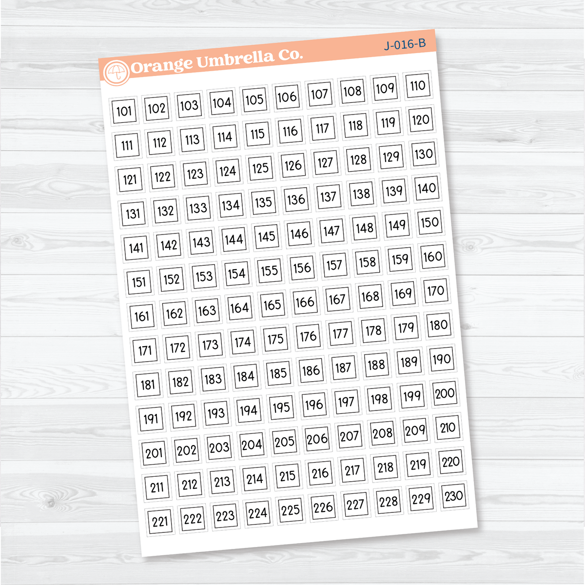 White matte continuation sticker sheet with numbered book tracker boxes 101–230 for recording additional reads.