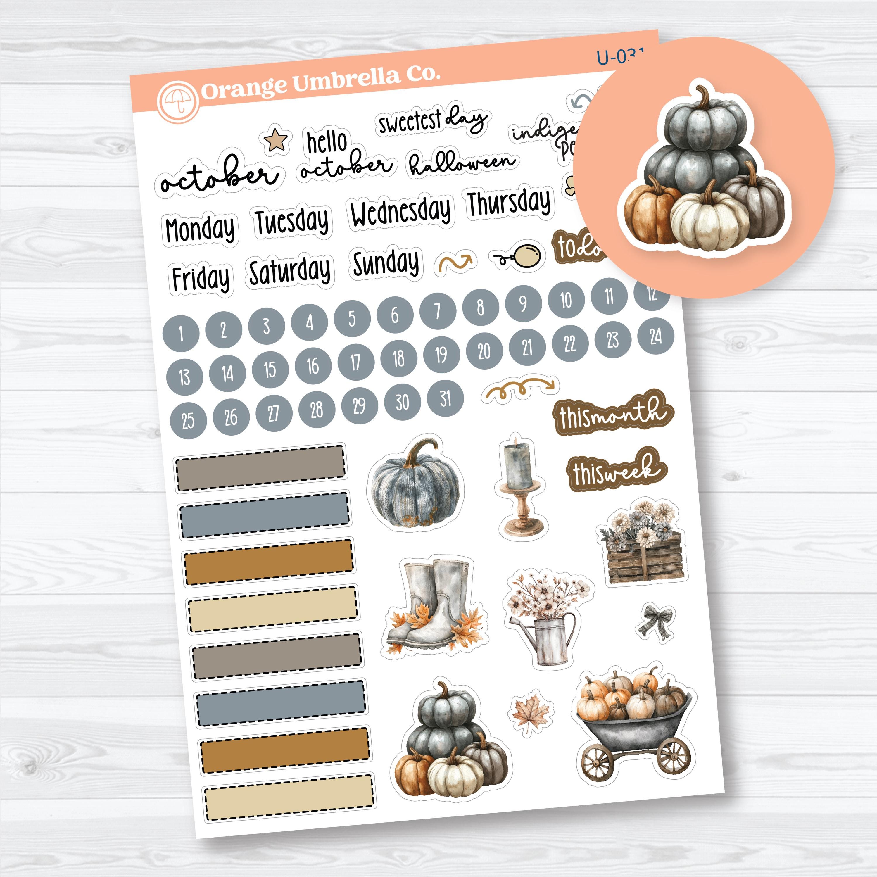 October Build Your Own Journal Kit featuring fall planner stickers with pumpkins, florals, date dots, weekday scripts, washi strips, and cozy autumn decorative elements for planners and journals.
