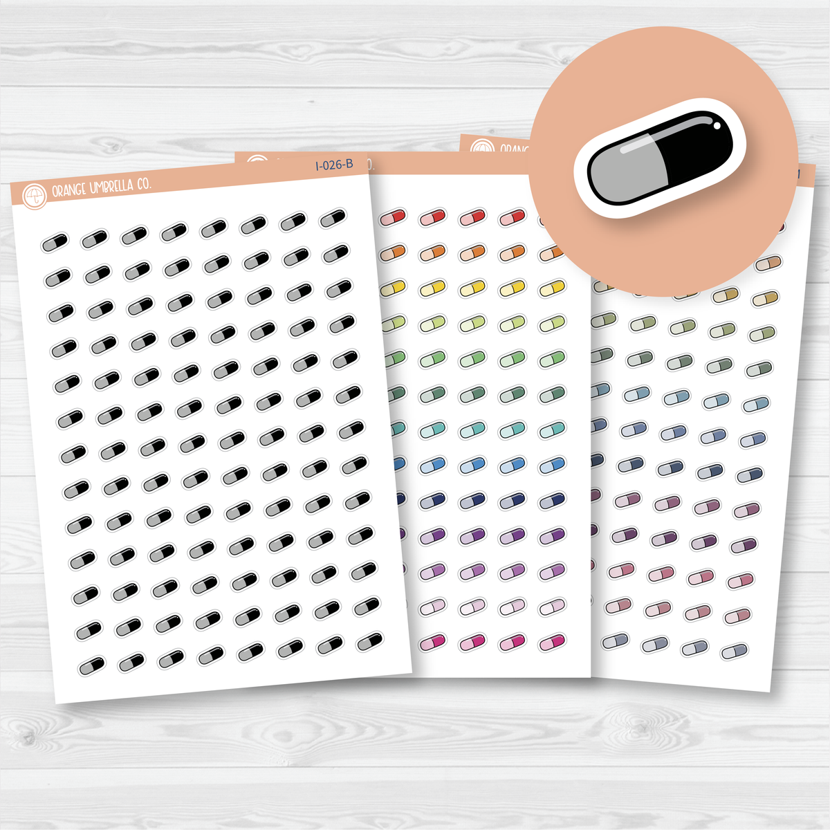 Pill icon planner stickers in black and assorted color palettes for tracking medications, vitamins, prescription refills, and pharmacy reminders.
