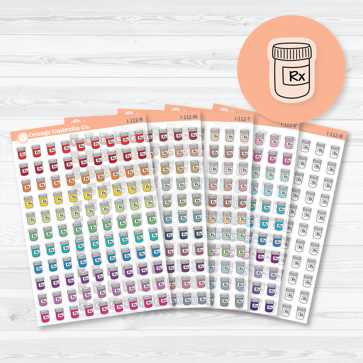 Five clear matte prescription bottle icon planner sticker sheets for tracking medications, prescription refills, pharmacy pickups, and daily doses.