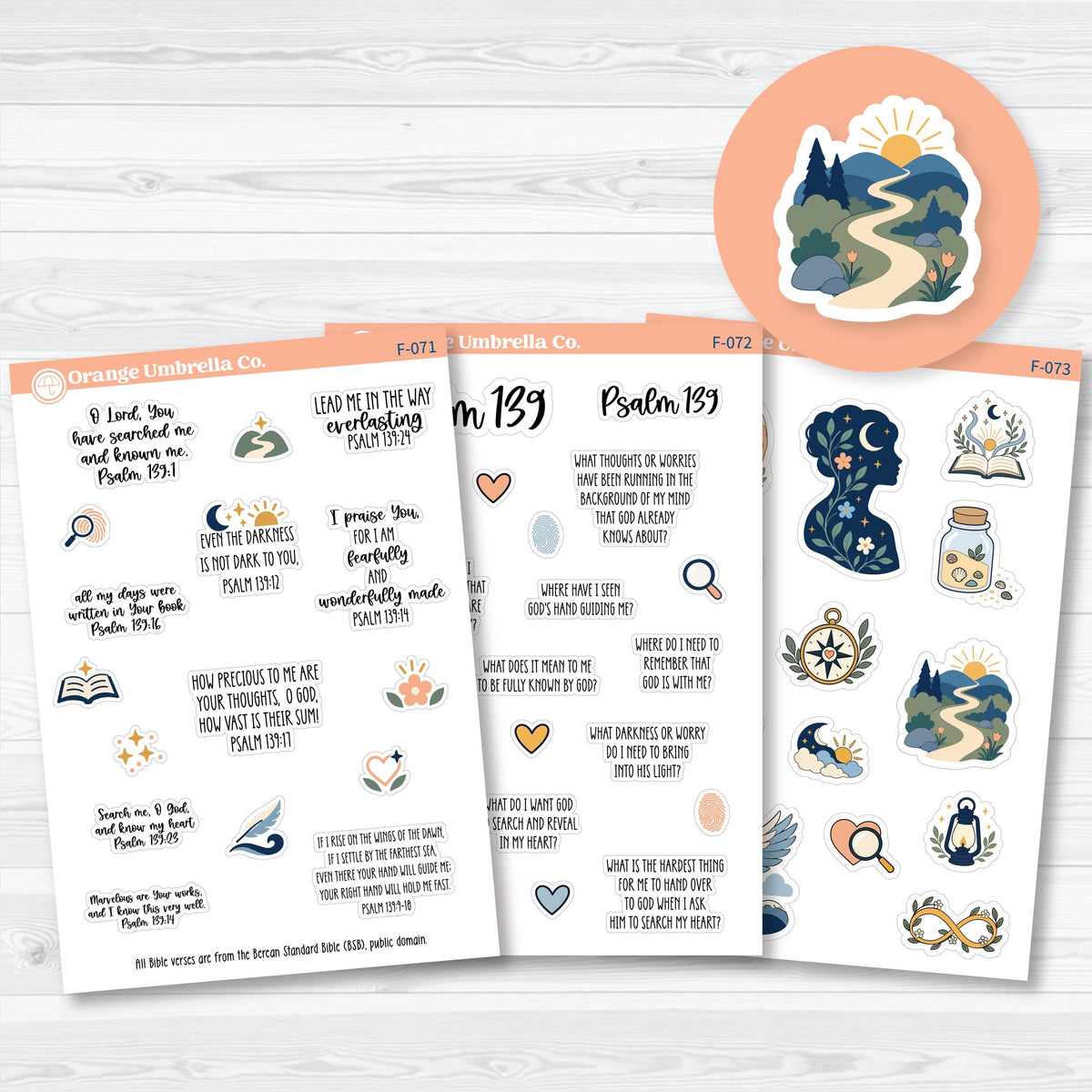 Psalm 139 Bible journaling sticker collection with scripture verses, reflection prompts, and coordinating decorative artwork.
