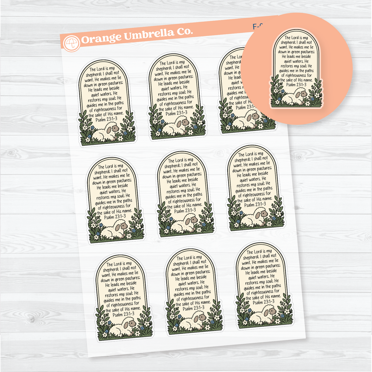 Nine arched Psalm 23:1–3 scripture stickers with a resting sheep, flowers, and greenery on clear matte paper.