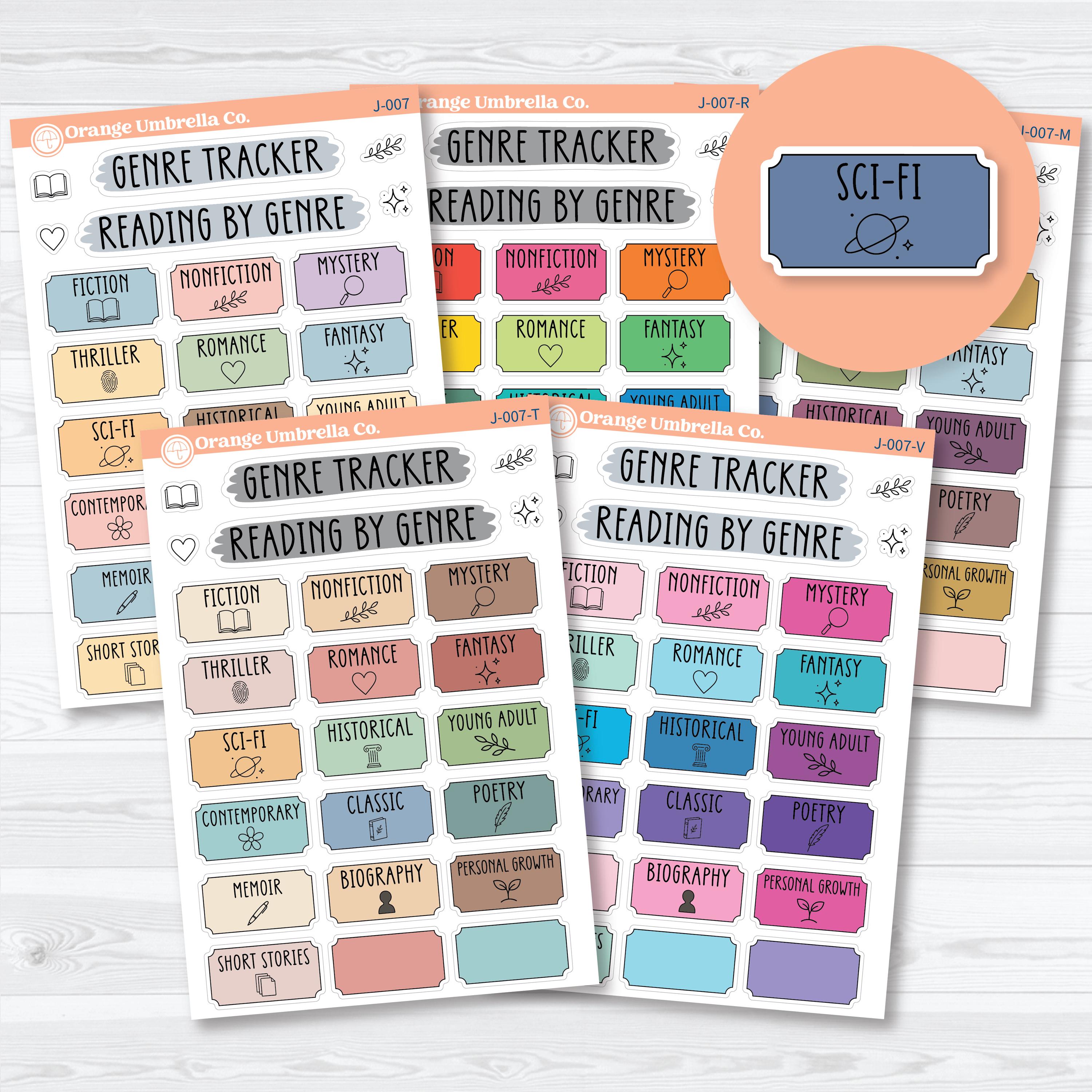 Reading genre tracker planner stickers for reading journals with colorful genre labels and minimalist bookish icons by Orange Umbrella Co
