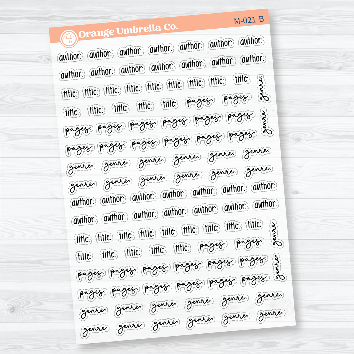 Clear matte Reading Journal Scripts Sheet 1 with 112 black author, title, pages, and genre labels for recording book details in a reading journal.