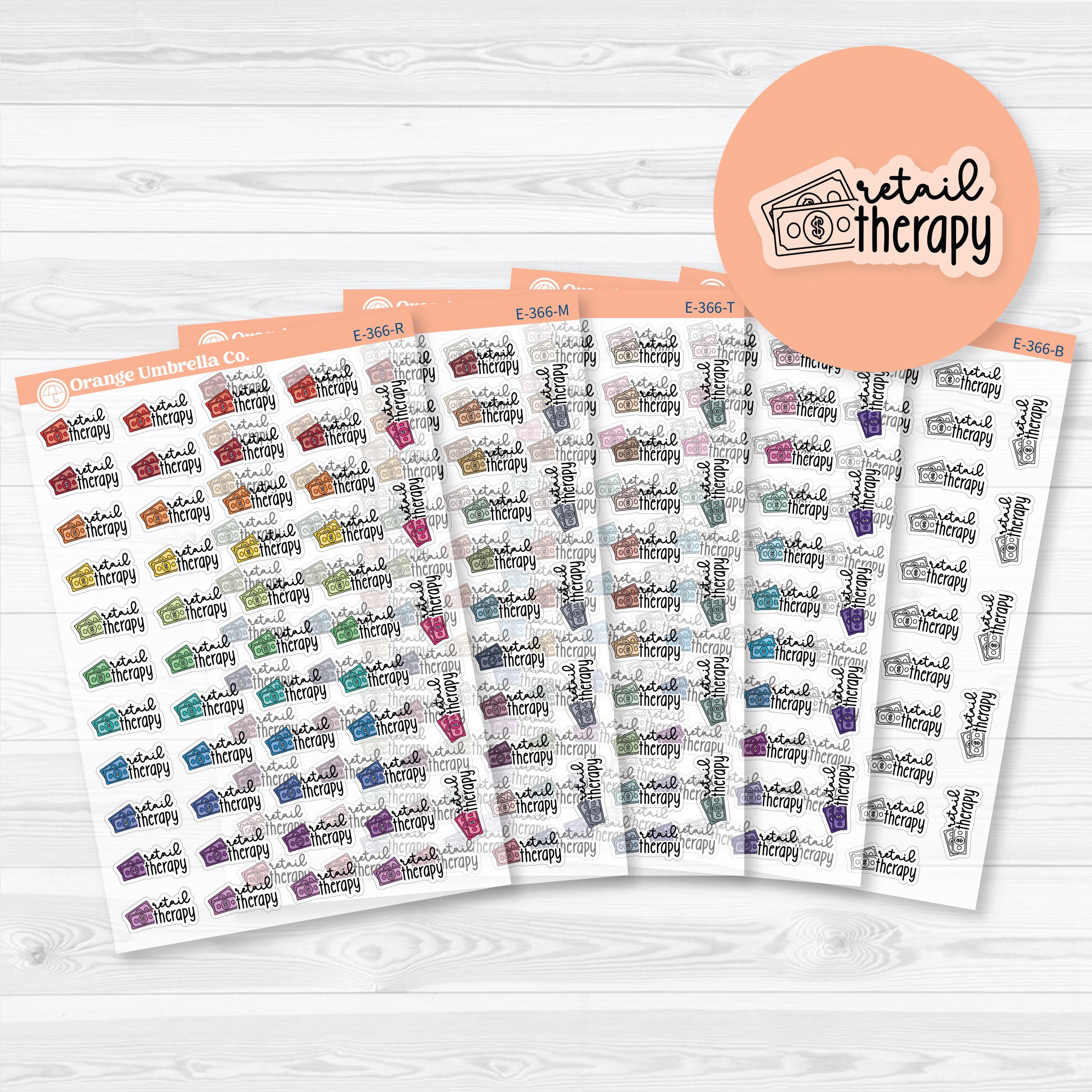 Retail therapy planner event label stickers featuring money and shopping designs for shopping trips, boutique visits, mall outings, and planners on clear matte sticker paper.