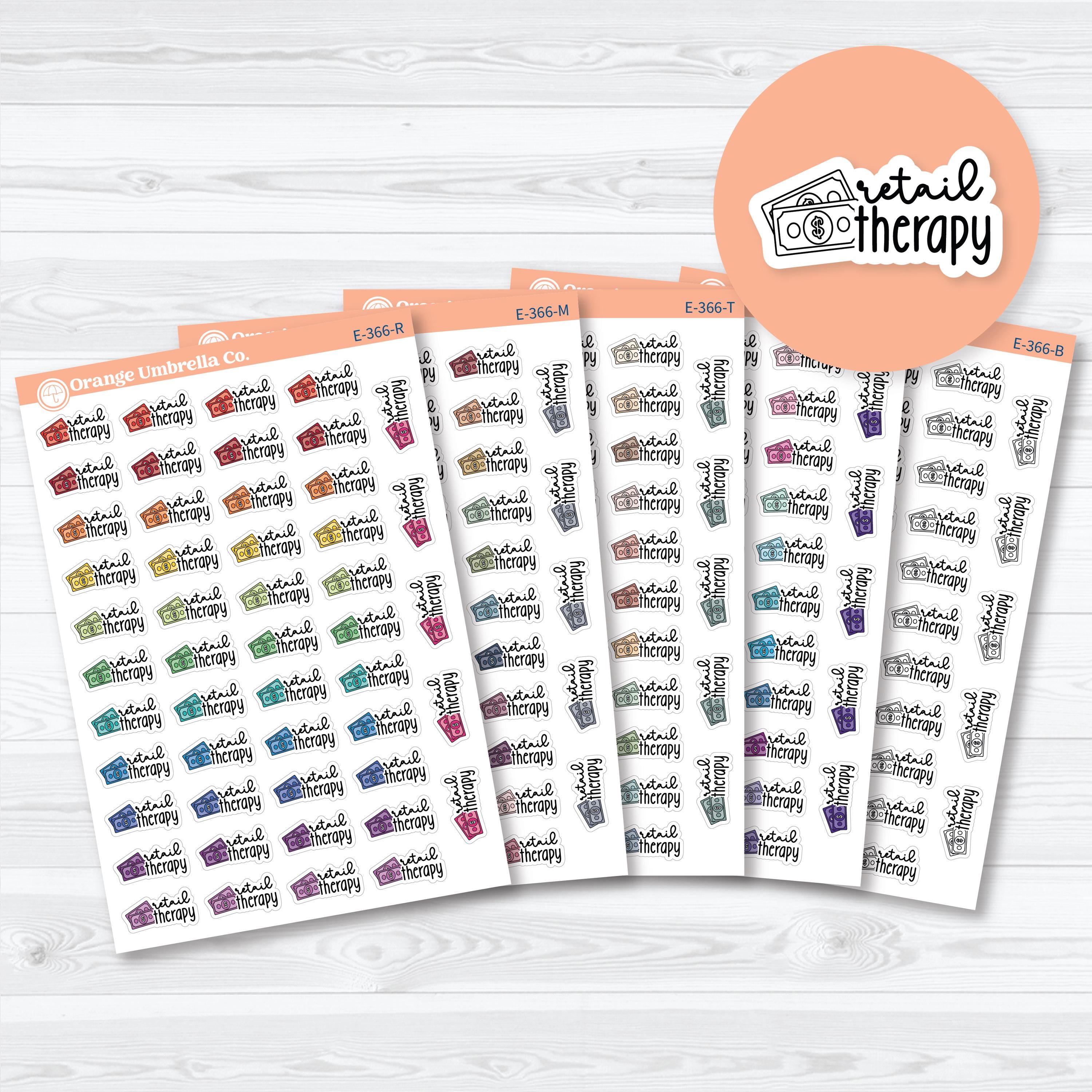 Retail therapy planner event label stickers featuring money and shopping designs for shopping trips, boutique visits, mall outings, and planners on removable white matte sticker paper.