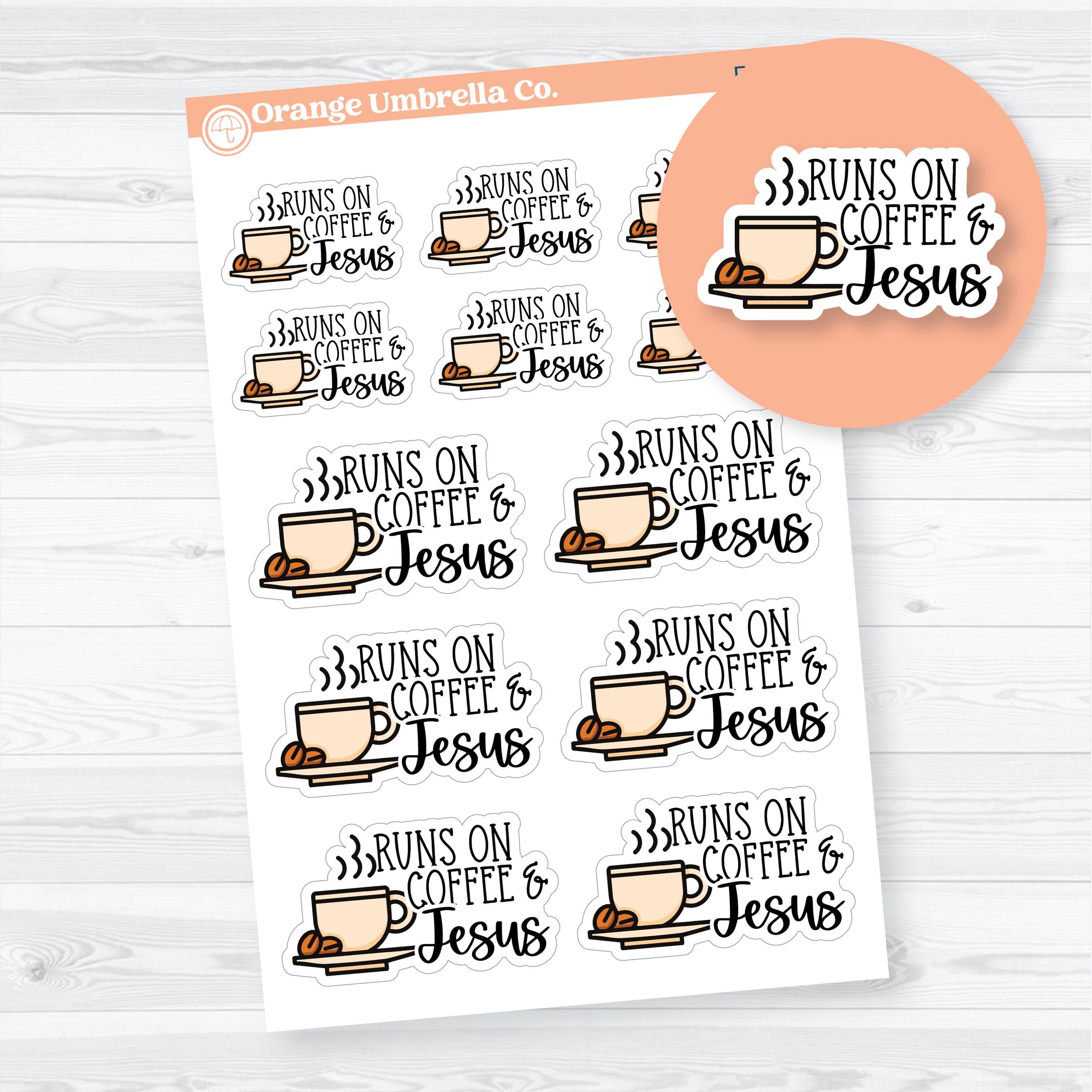 runs on coffee and jesus planner stickers faith decorative cozy christian planner stickers white matte
