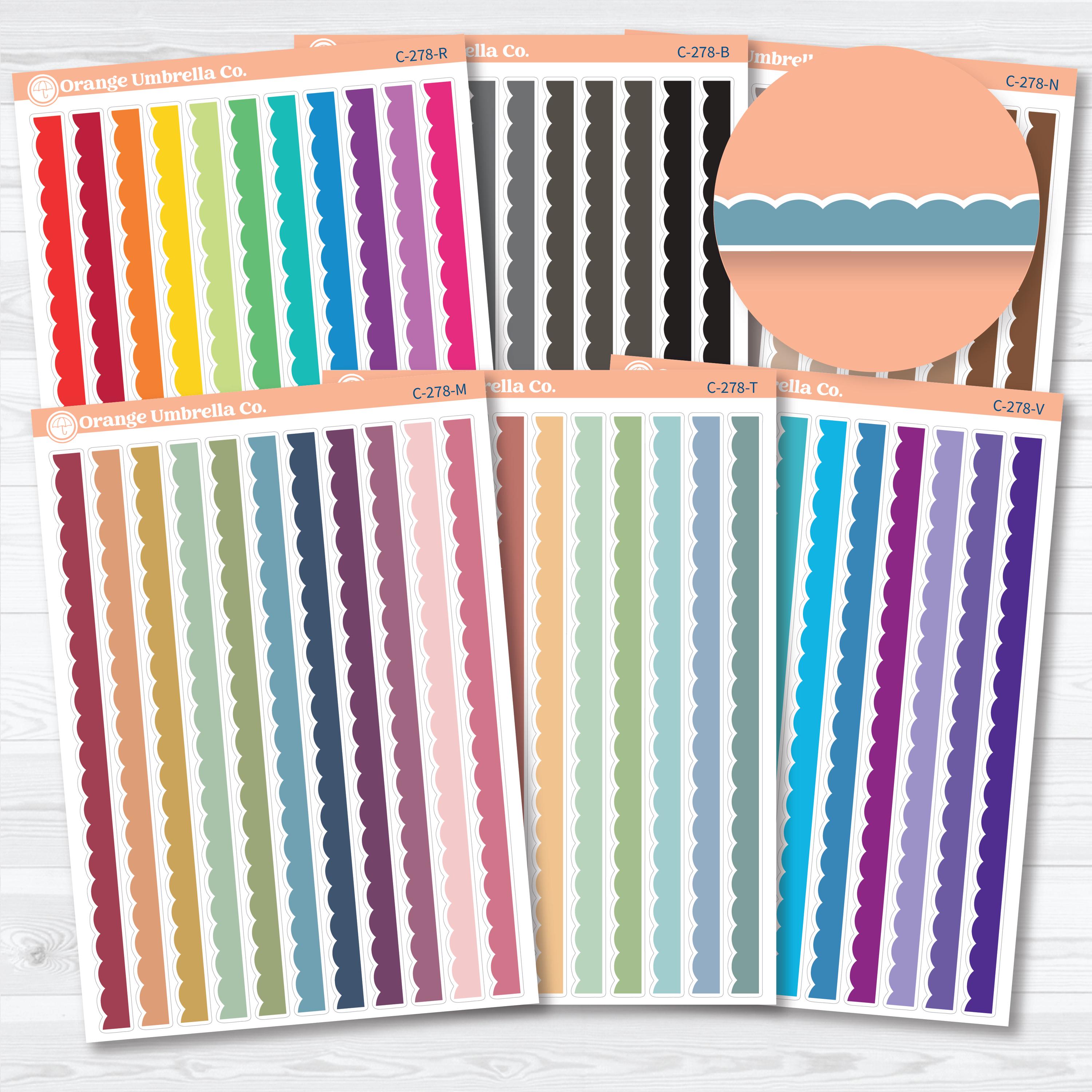  Scalloped washi planner stickers featuring long decorative border strips in multiple colorways on removable white matte sticker paper.