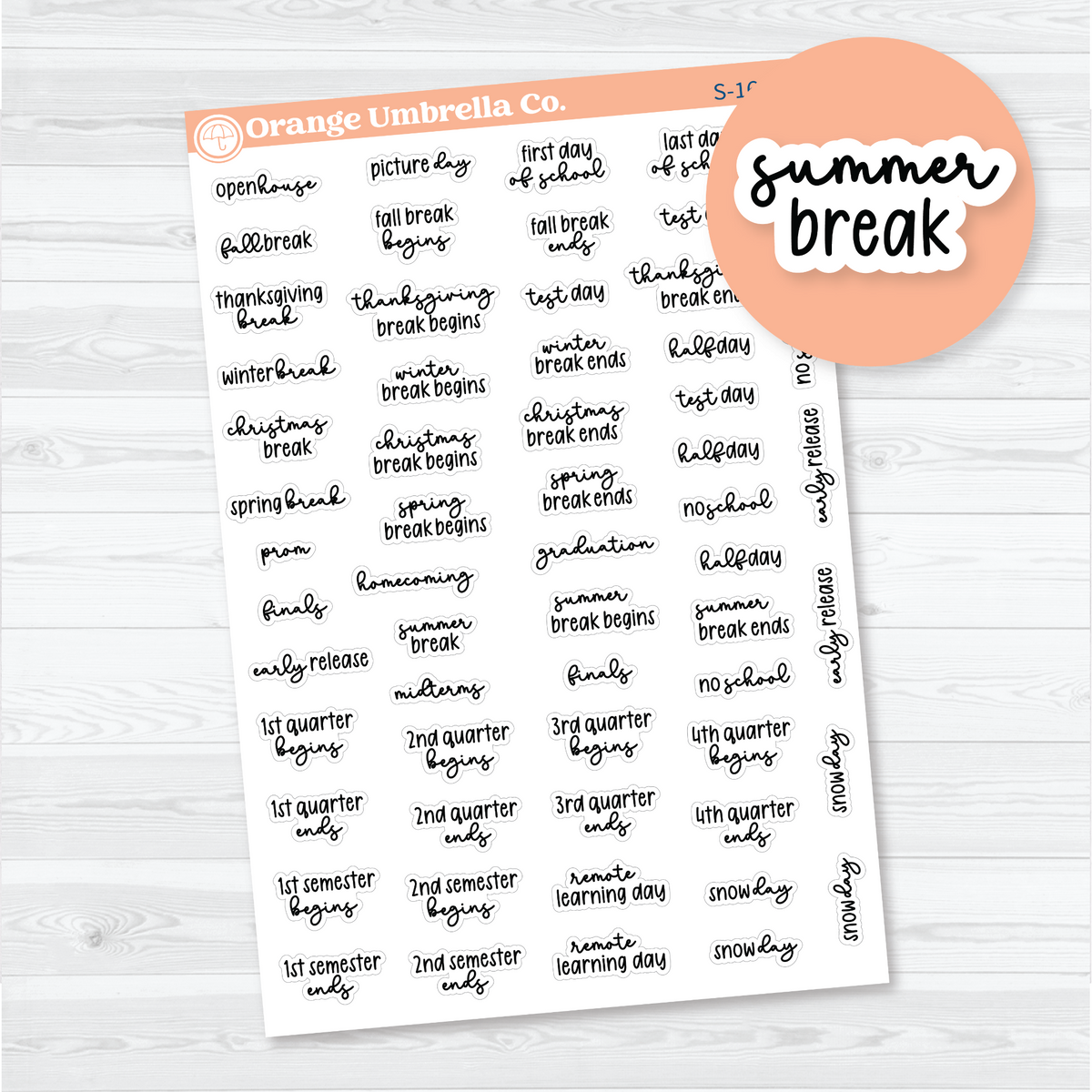 Black handwritten-style school holiday and break script stickers, including summer break, on white matte paper.