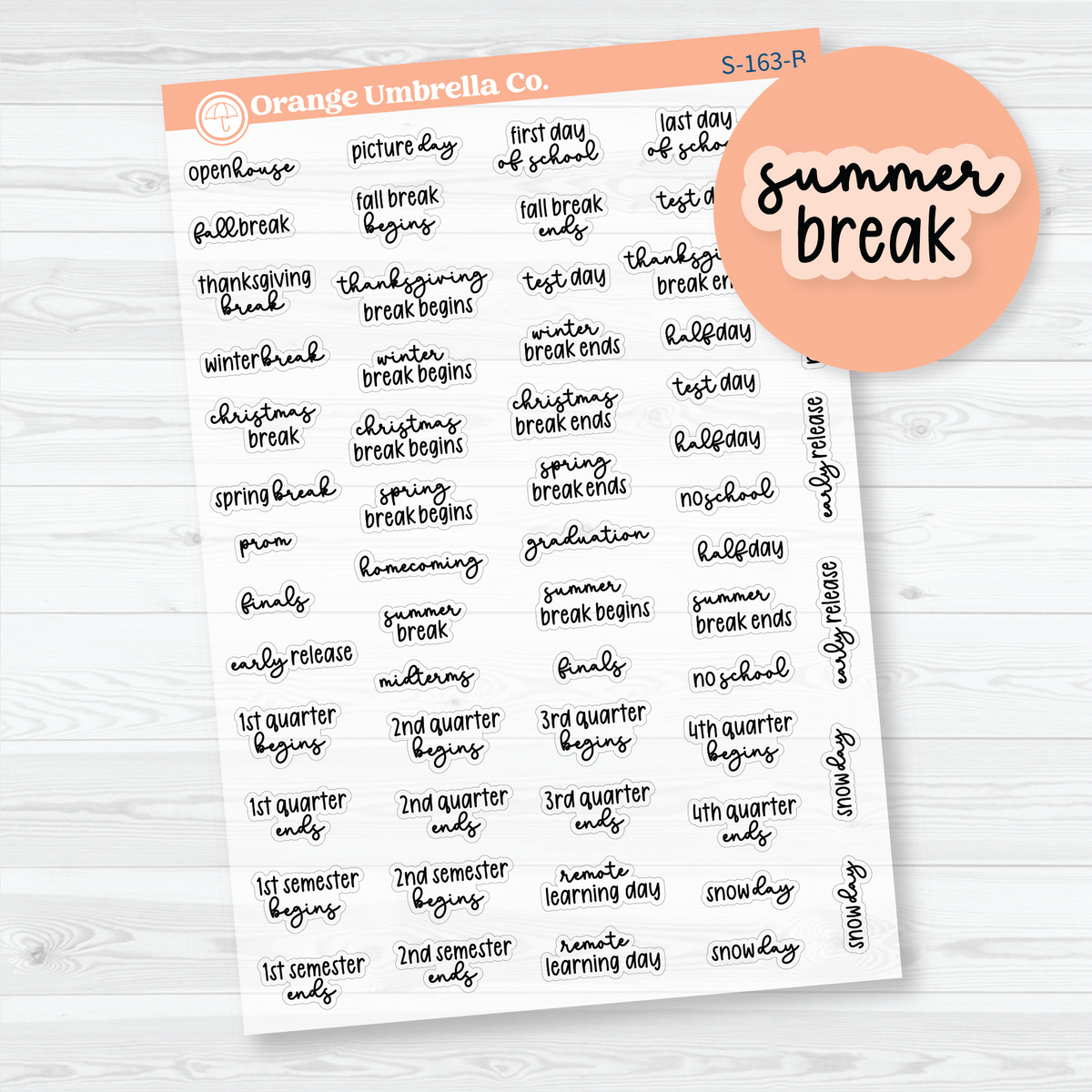 Mini black handwritten-style school holiday and break script stickers, including summer break, on clear matte paper.