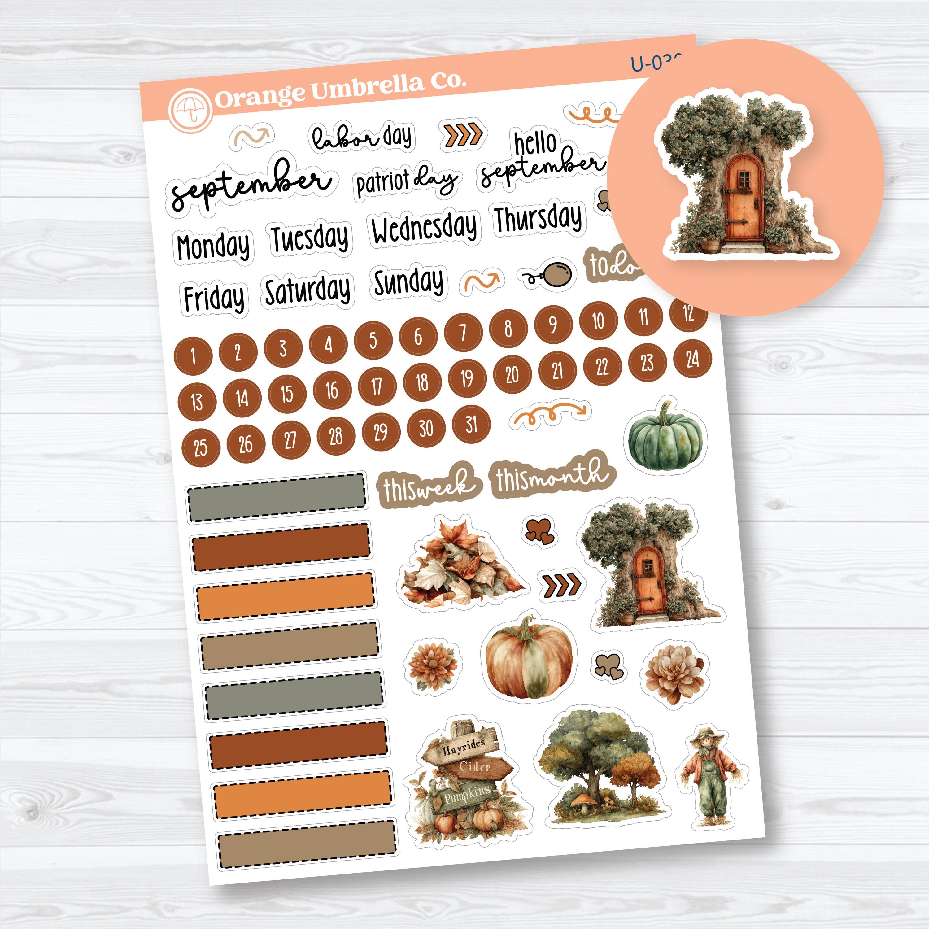 September universal monthly planner sticker kit featuring autumn artwork, date dots, weekday headers, monthly scripts, functional labels, and seasonal decorative stickers on removable white matte sticker paper.
