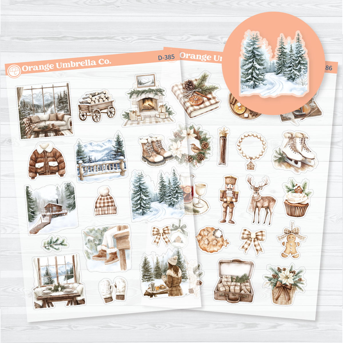 Clear matte two-sheet Snow Drift Christmas decorative sticker set with snowy forests, a fireplace, winter clothing, greenery, gingerbread, and holiday accents for planners and journals.