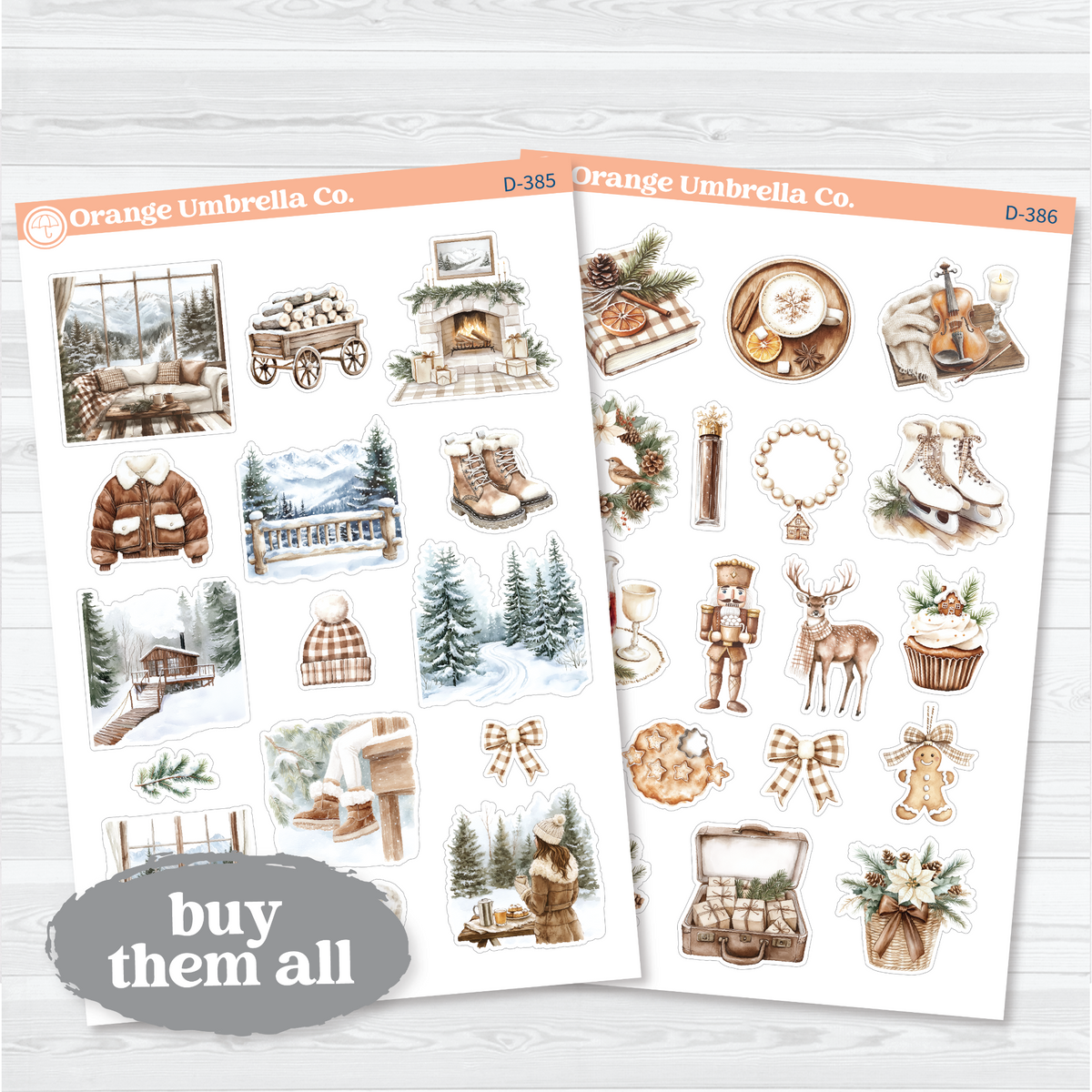 Two-sheet Snow Drift Christmas decorative sticker set with snowy forests, a fireplace, winter clothing, greenery, gingerbread, and holiday accents for planners and journals.