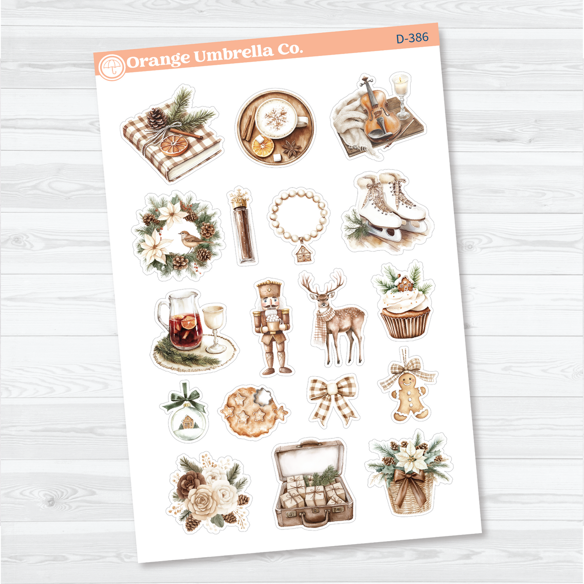 Two-sheet Snow Drift Christmas decorative sticker set with snowy forests, a fireplace, winter clothing, greenery, gingerbread, and holiday accents for planners and journals.