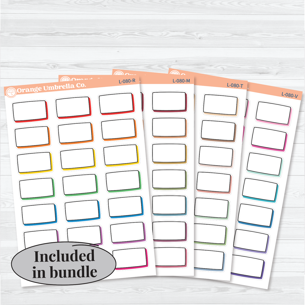 4 white matte Stacked Shadow Doodle Labels sticker sheets in the All Colors Bundle for planners and journals.