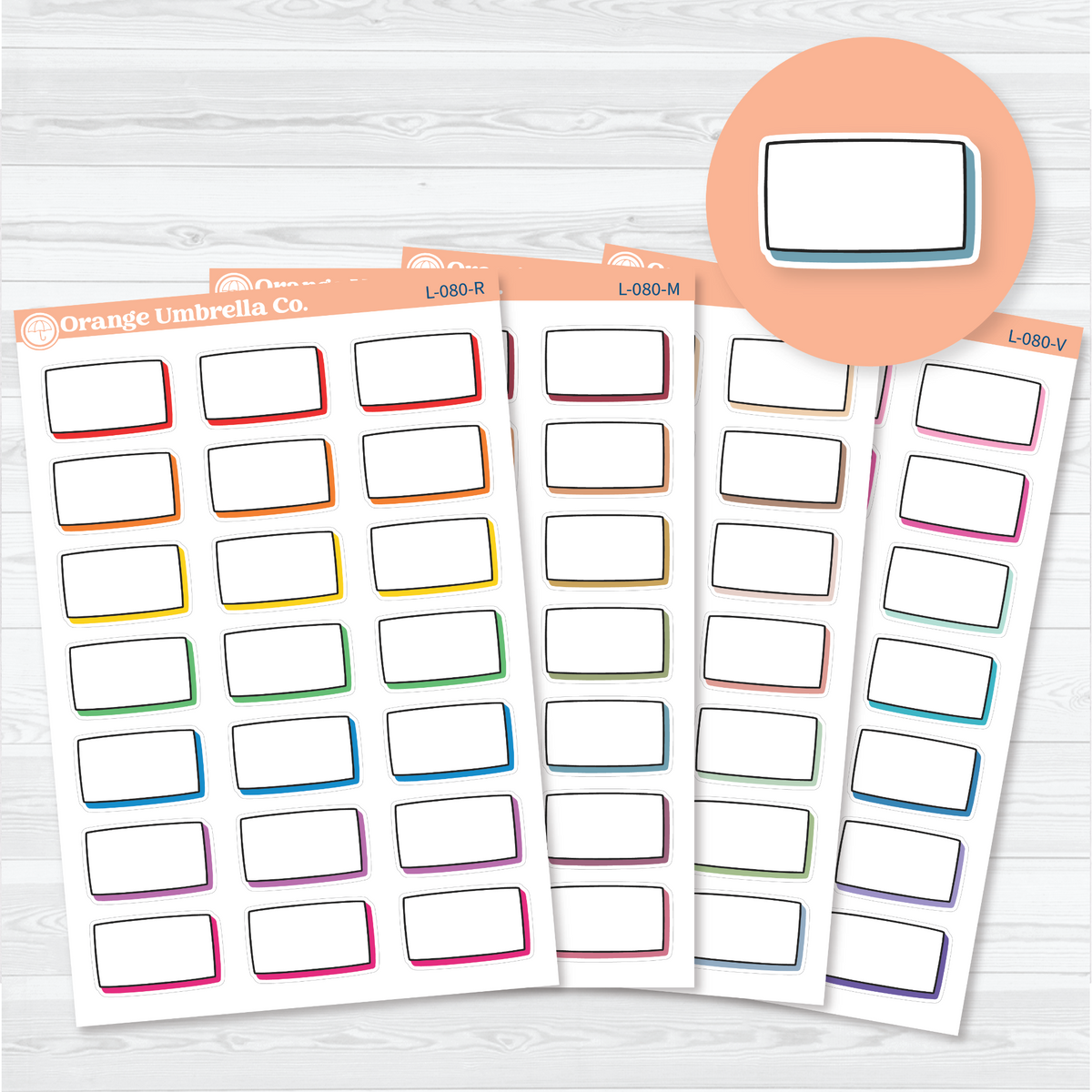 Stacked Shadow Doodle Label sticker sheets in four color choices, featuring blank rectangular labels with black outlines and offset shadows for planner notes.
