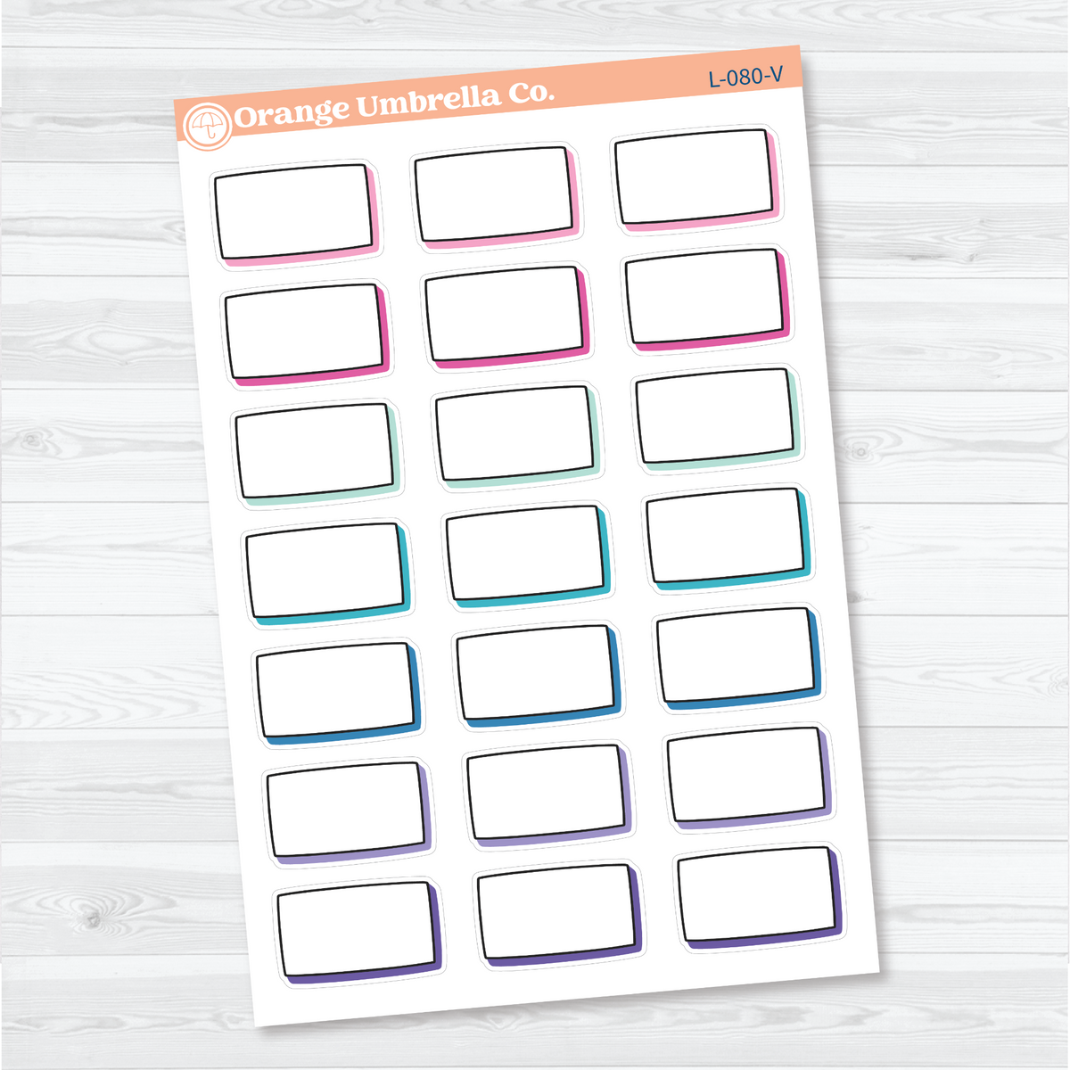 Vibrant removable white matte blank rectangular labels with black doodled outlines and offset shadows for appointments, tasks, and planner notes.