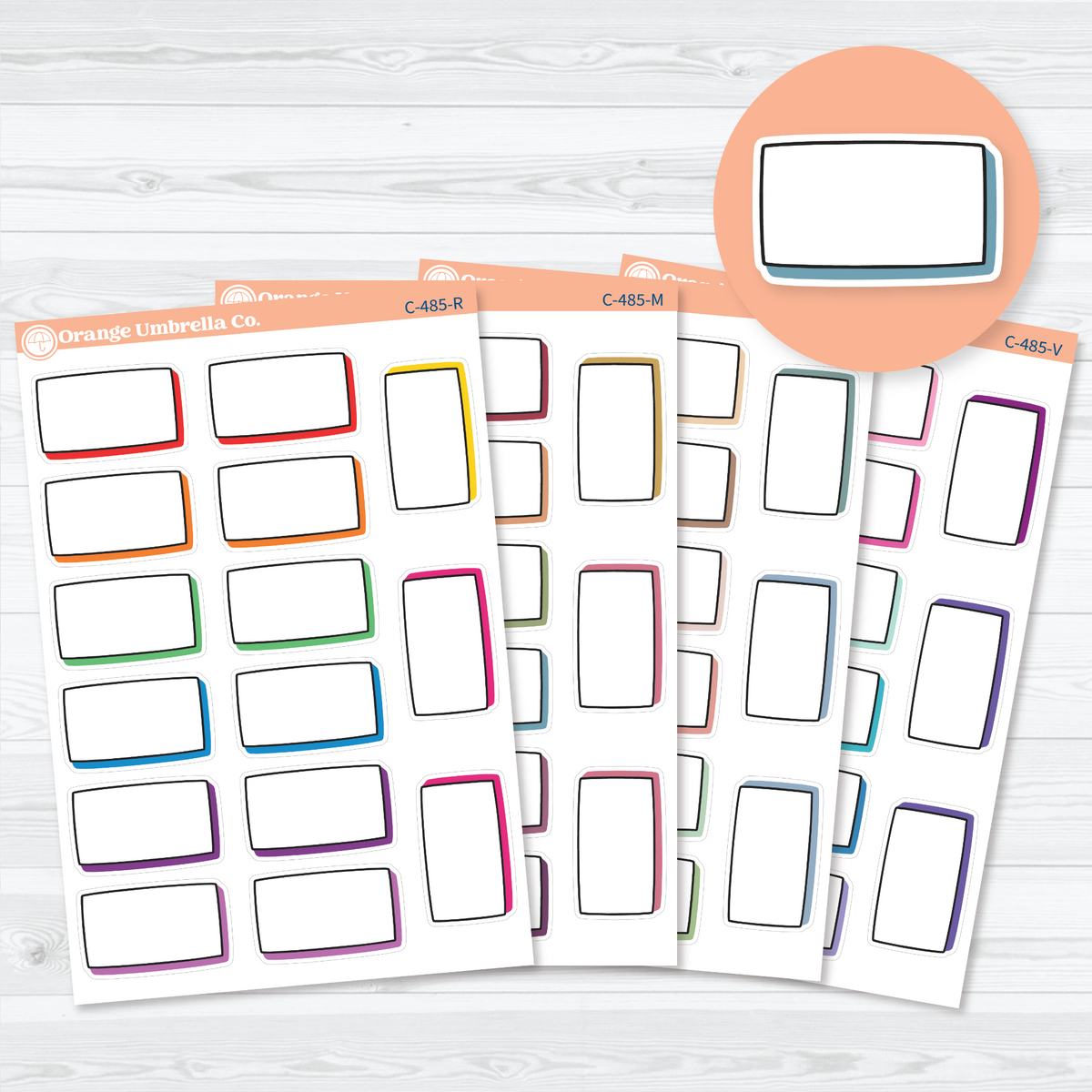 Stacked Shadow Doodled Journaling Labels in four color choices, with blank horizontal and vertical boxes, black doodled outlines, and offset shadows.