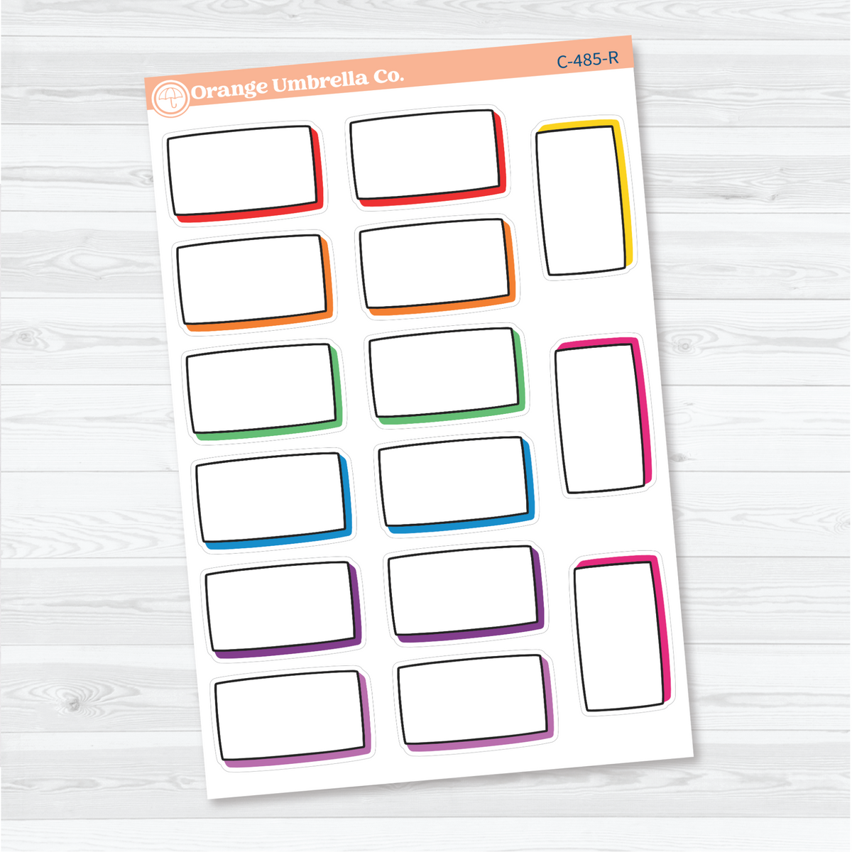 Rainbow removable white matte journaling labels with blank horizontal and vertical boxes, black doodled outlines, and offset shadows for notes and memories.