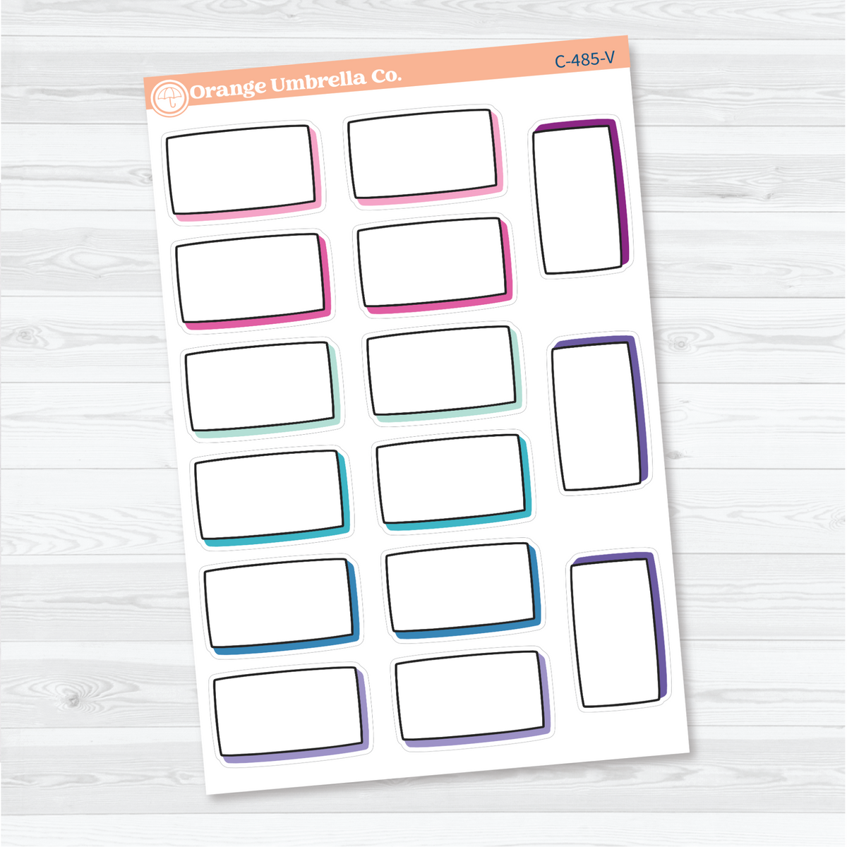 Vibrant removable white matte journaling labels with blank horizontal and vertical boxes, black doodled outlines, and offset shadows for notes and memories.