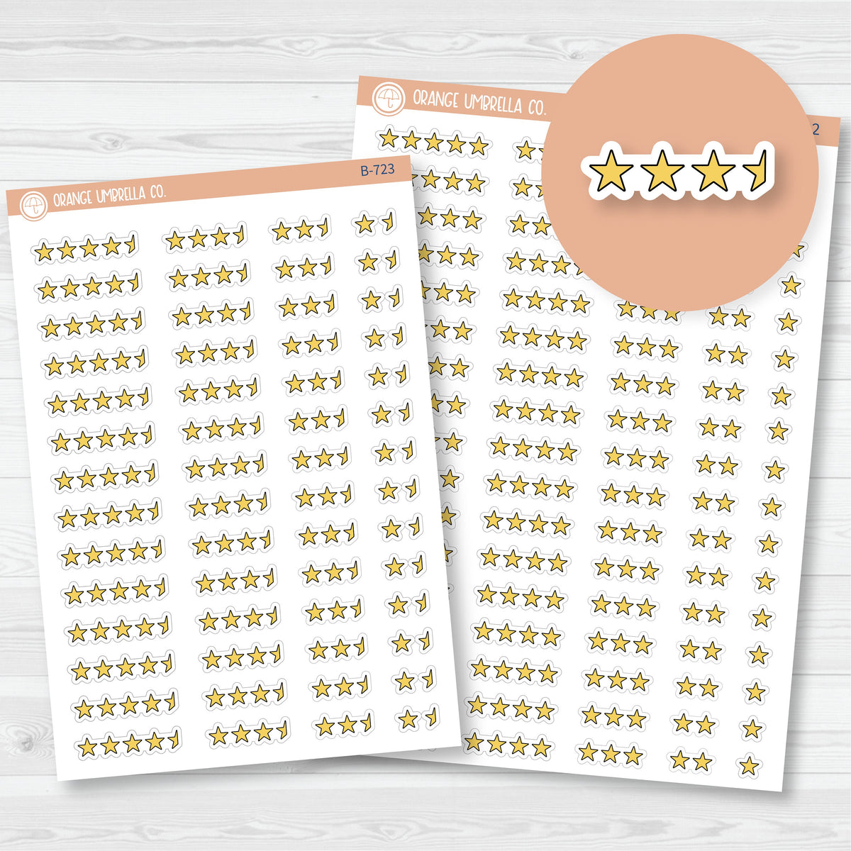 White matte mixed full-star and half-star rating planner sticker sheets for book reviews and reading journals.
