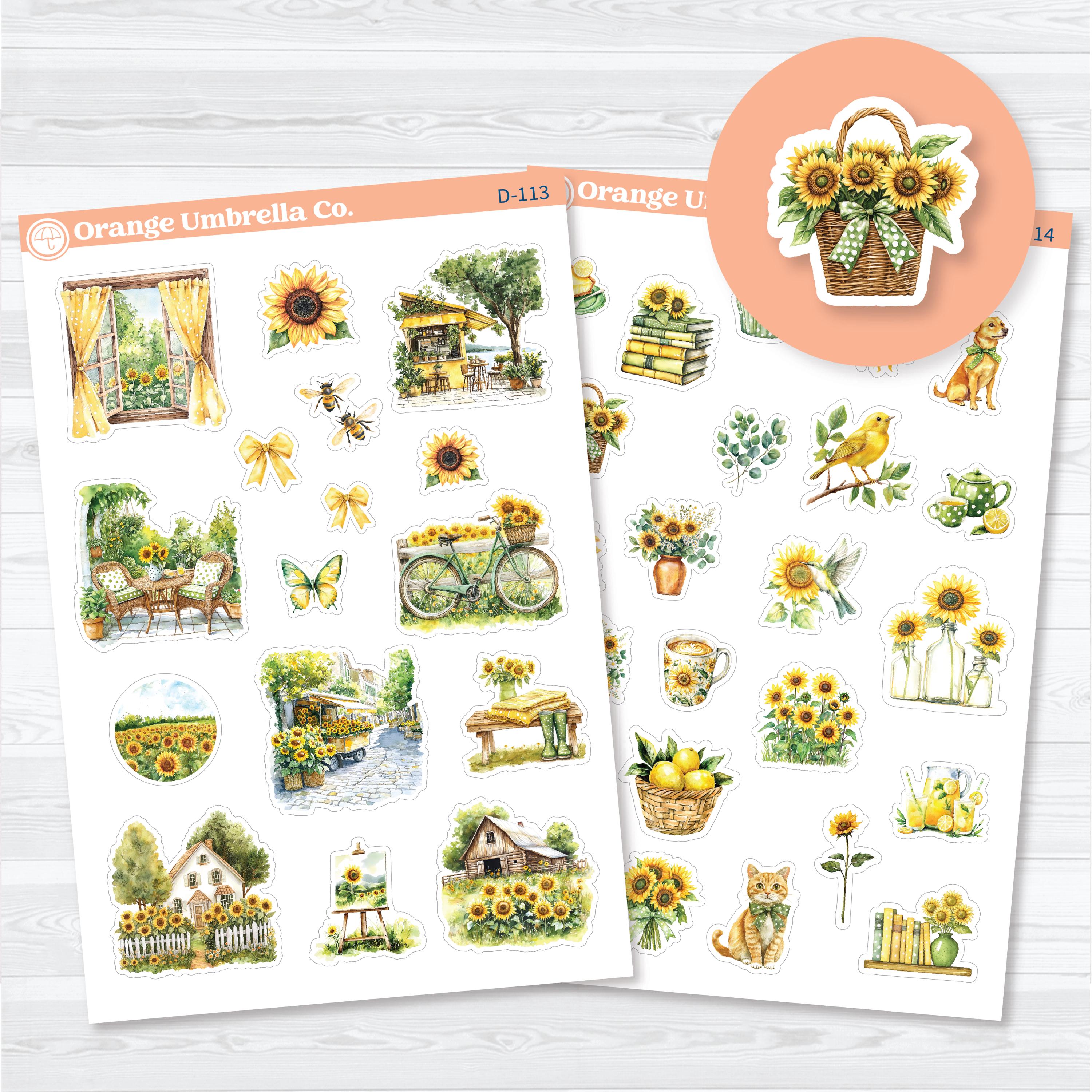 Sun Blooms sunflower decorative planner stickers featuring watercolor sunflowers, garden scenes, books, cottages, birds, bicycles, and summer accents on removable white matte sticker paper.