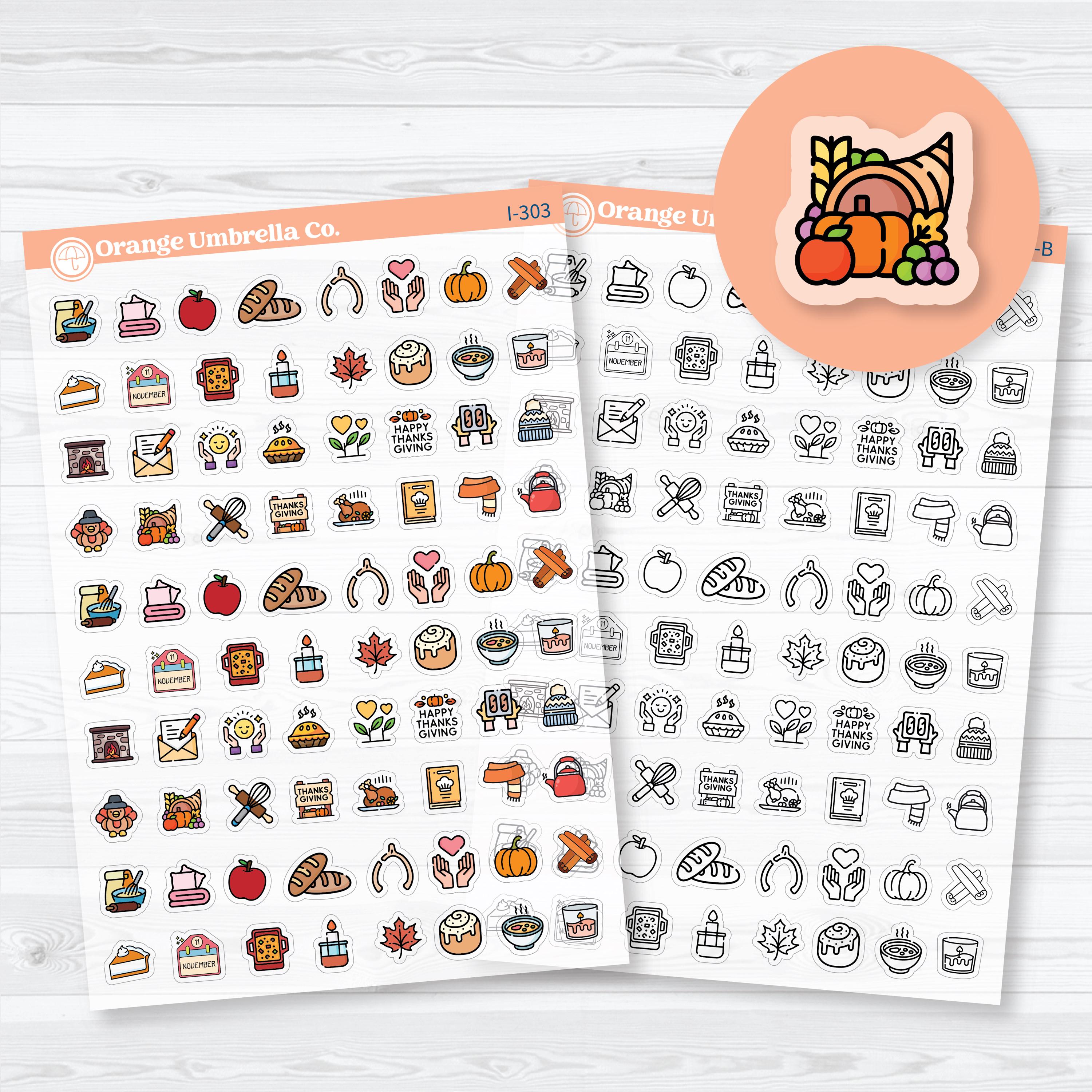 Clear matte Thanksgiving planner icon stickers featuring pumpkins, pies, turkey, harvest, and cozy November icons for planners, journals, and calendars.