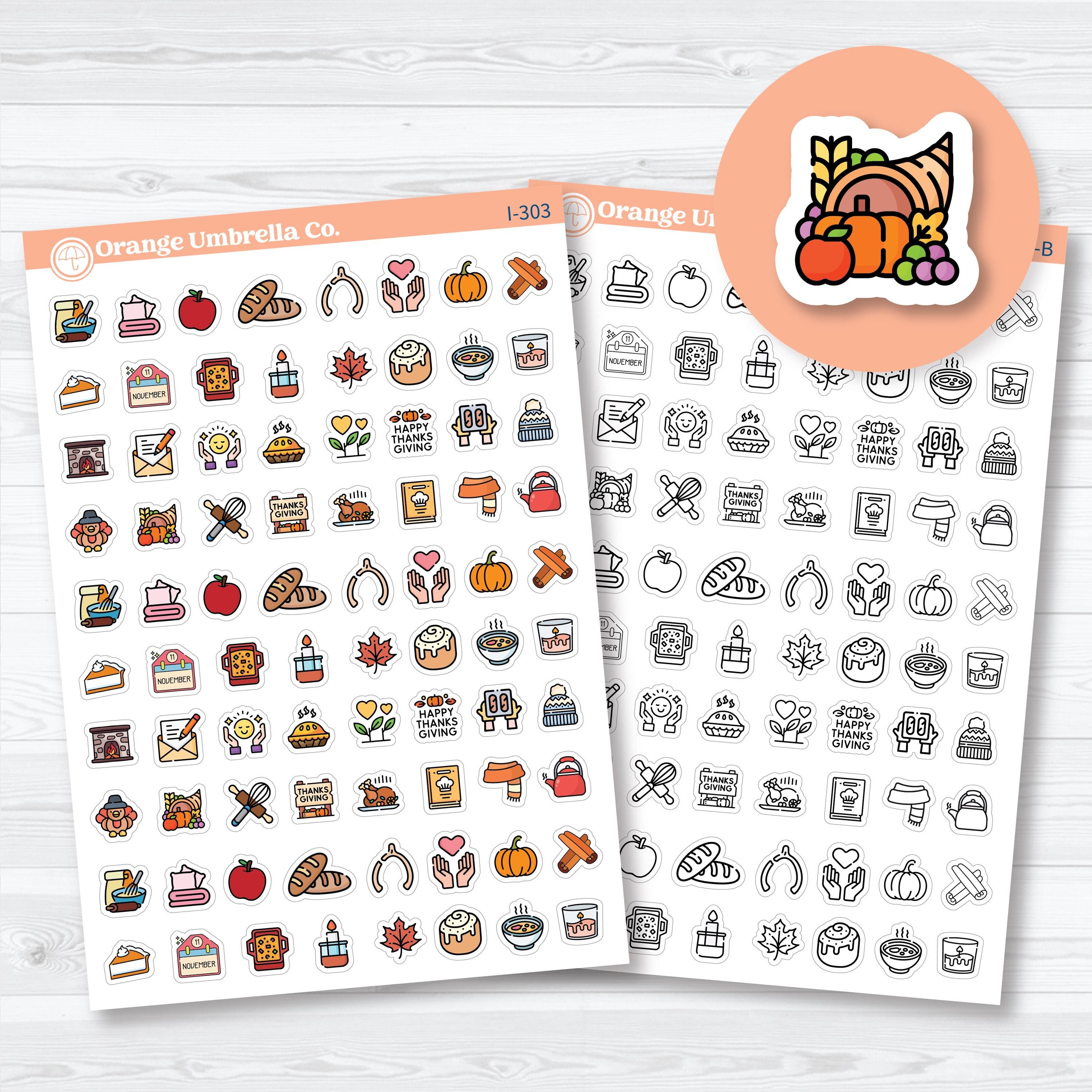 Thanksgiving planner icon stickers featuring pumpkins, pies, turkey, harvest, and cozy November icons for planners, journals, and calendars.