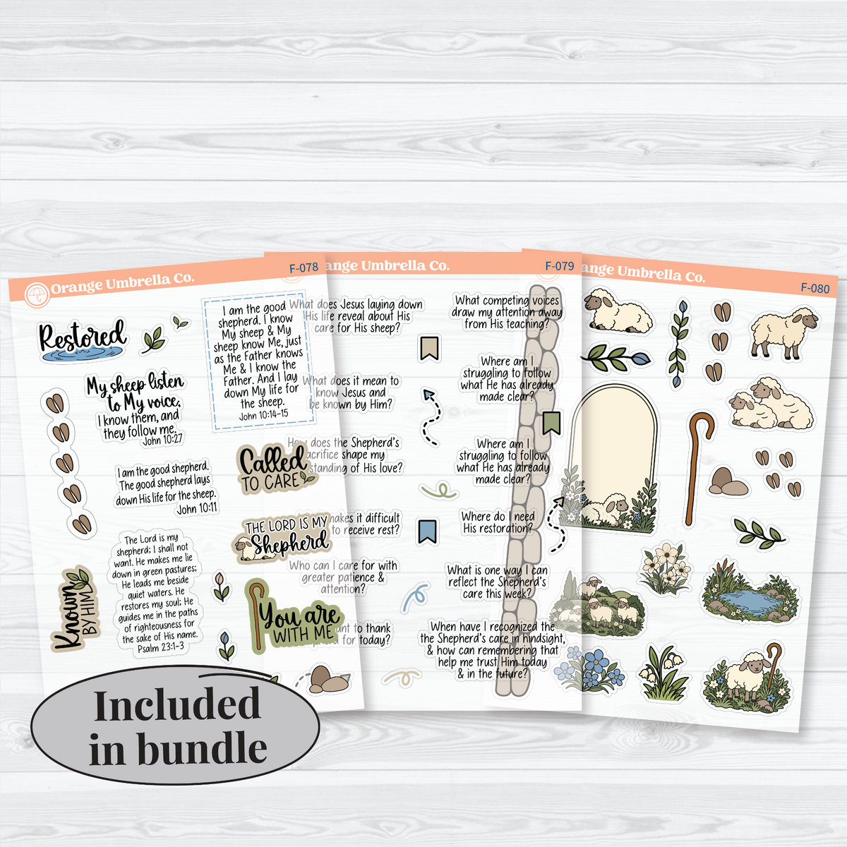 The Good Shepherd Bible study sticker sheets with verses, reflective prompts, sheep, shepherd’s crooks, flowers, and greenery on clear matte paper. All Sheets Bundle.
