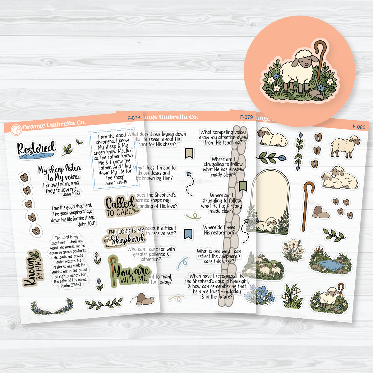 The Good Shepherd Bible study sticker sheets with verses, reflective prompts, sheep, shepherd’s crooks, flowers, and greenery on clear matte paper.