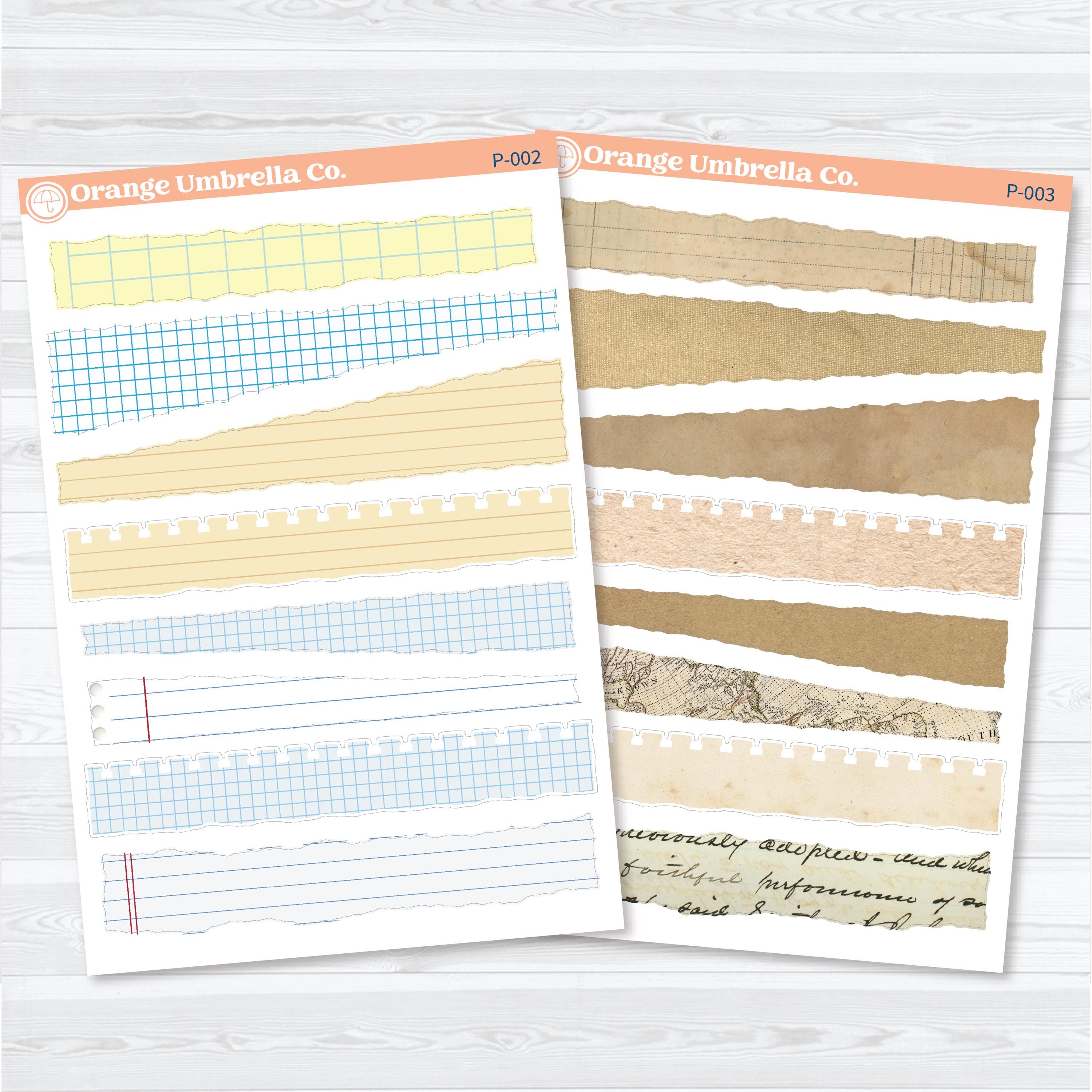 Torn paper pieces ephemera stickers available in notebook paper and vintage paper designs for junk journals, planners, scrapbooking, and layered journal spreads on removable white matte sticker paper.
