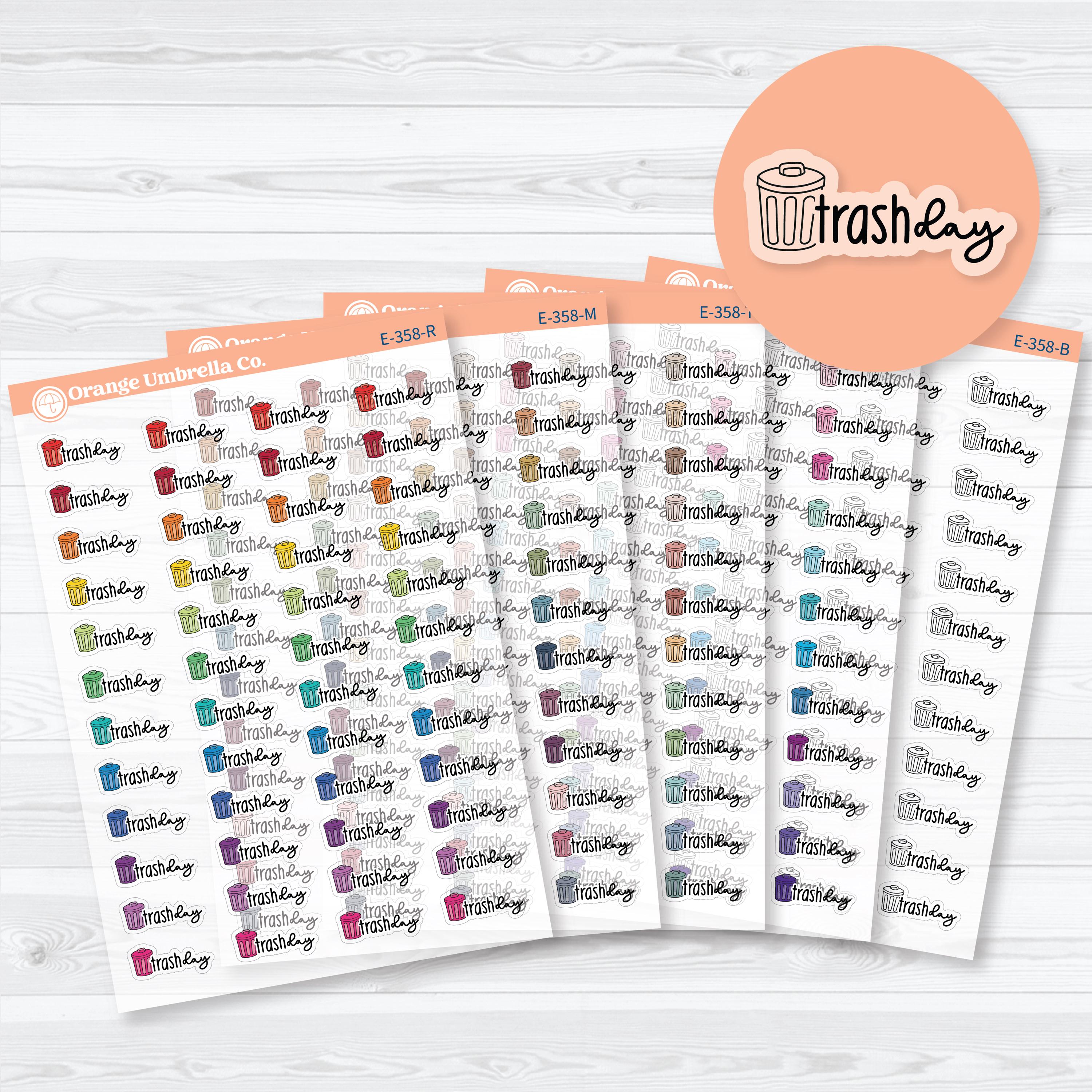 clear matte trash day planner stickers with doodled trash can icon for tracking garbage pickup and weekly chores