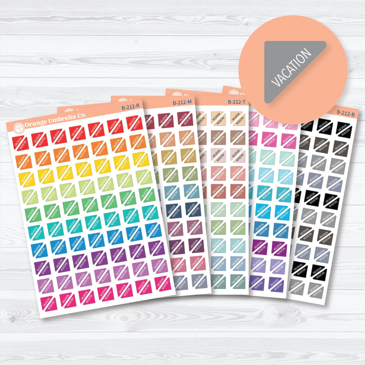 Vacation Mini Corner planner stickers in black and assorted color palettes for marking trips, getaways, and travel days in compact planner spaces.
