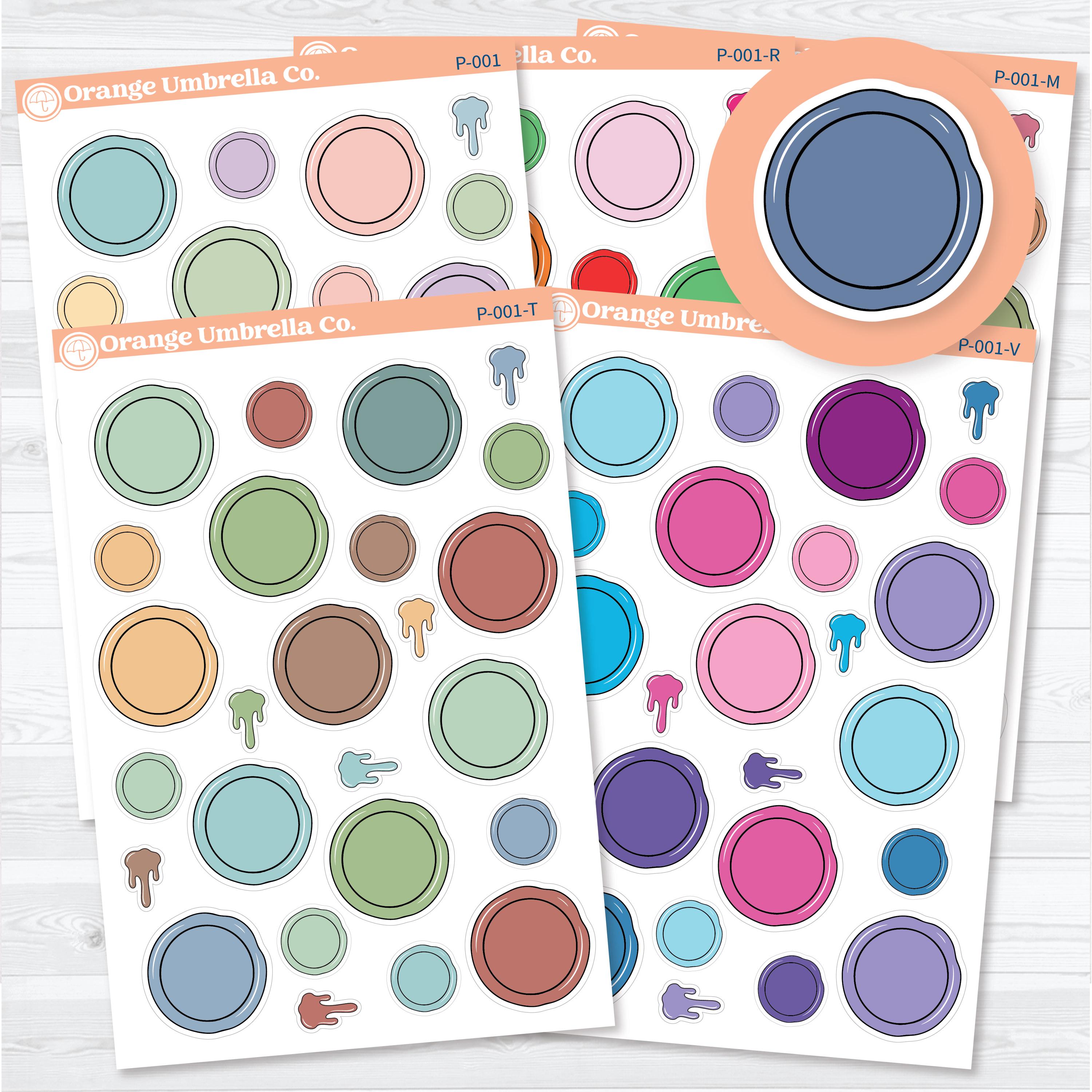 Wax seal paper pieces ephemera stickers in assorted sizes with coordinating wax drips for junk journals, scrapbooking, planners, and layered journal spreads on removable white matte sticker paper.
