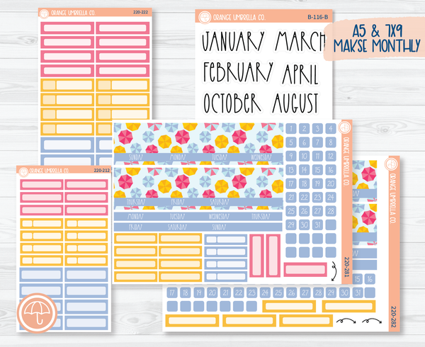 MakseLife A5 & 7x9 Monthly Planner Kit Stickers | Umbrella Parade 220-281