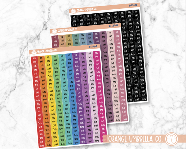 CLEARANCE | Time - Color Block Quarter and 3-Quarter Hour Script Planner Stickers | FC12 | B-151