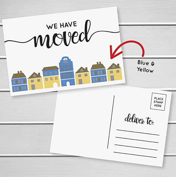 We Have Moved Postcard - 20pk, Blue and Yellow New Address Postcard (GC-100-BY)