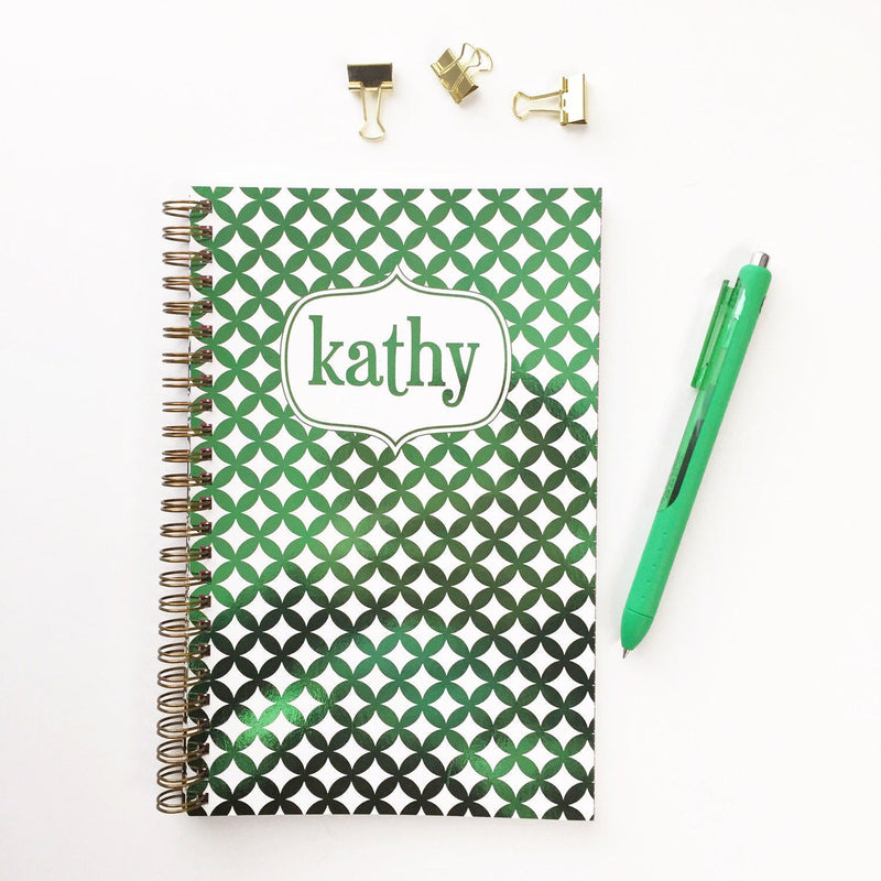 Personalized Notebook, Name and Patterned Background in Color Foil Spiral Notebook, Writing Journal (NB-023-F)