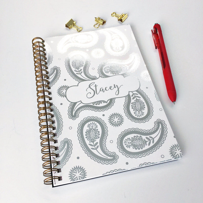Personalized Notebook, Name and Paisley Design in Color Foil Spiral Notebook, Writing Journal (NB-025-F)