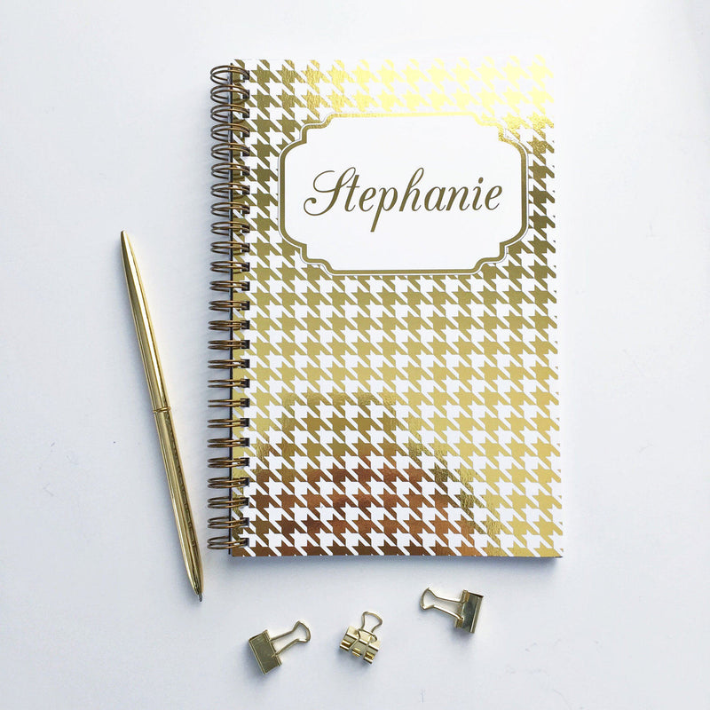 Personalized Notebook, Name and Houndstooth Patterned Design in Color Foil Spiral Notebook, Writing Journal (NB-021-F)