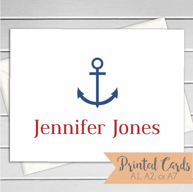 Anchor and Name Note Cards Folded - 6pk,Nautical Personalized Folded Notecards with Envelopes  | NC-F008