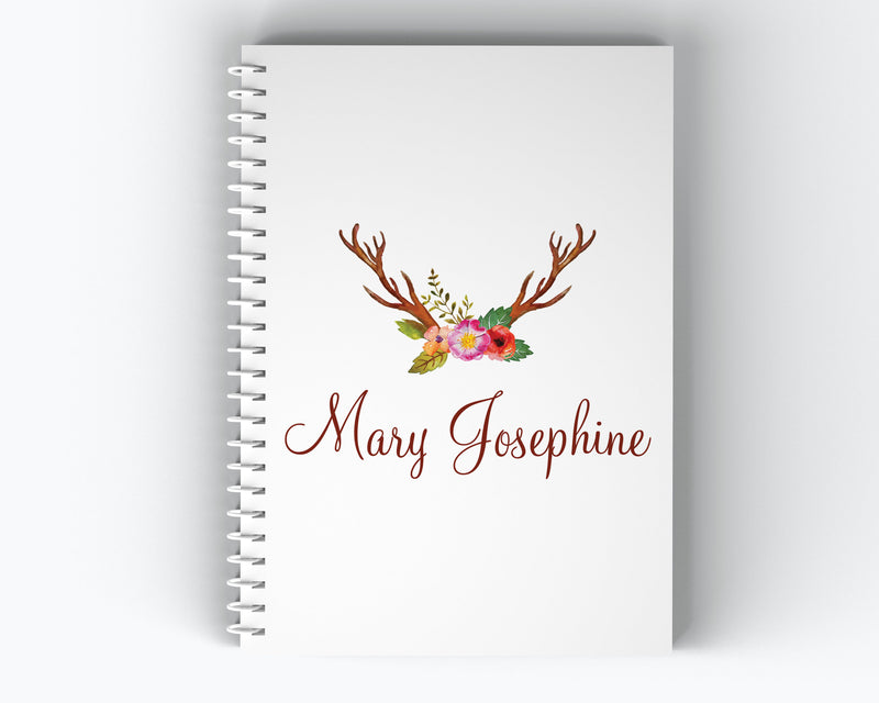 Floral and Deer Antler Cover - Personalized Custom Spiral Journal Notebook  | NB-001