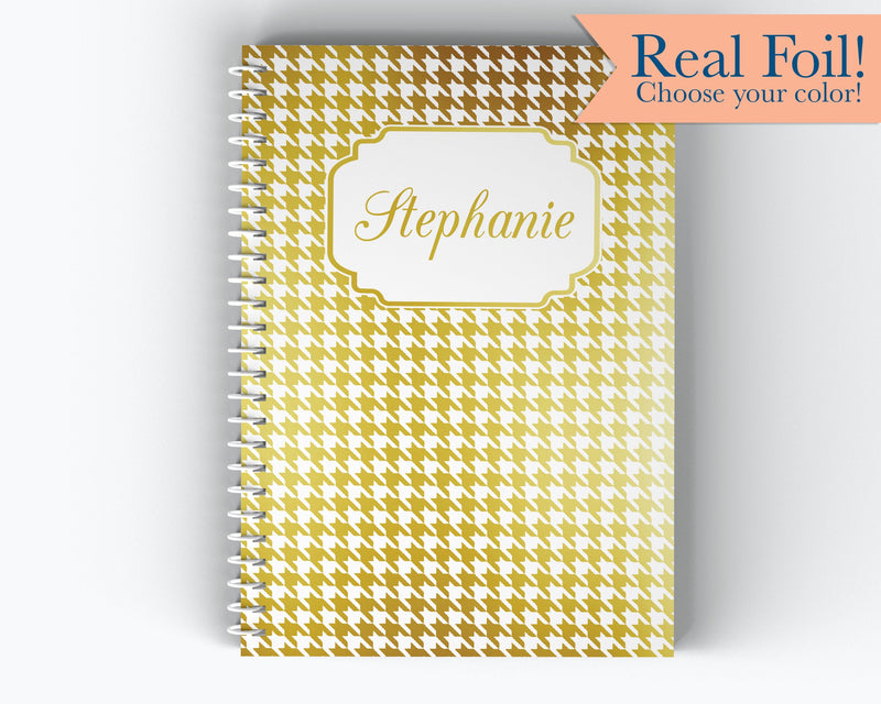 Name and Houndstooth Pattern Cover - Personalized Custom Spiral Journal Notebook | Foil | NB-021-F