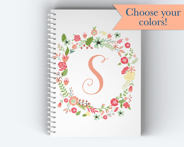 Floral Initial Cover - Personalized Custom Spiral Journal Notebook  | NB-010