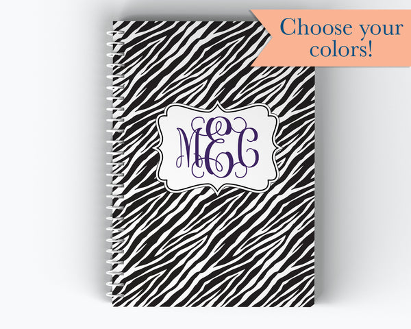 Zebra Print and Monogram Cover - Personalized Custom Spiral Journal Notebook | NB-018