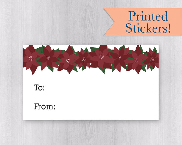 Christmas To-From Gift Tag Stickers, Poinsettia Gift Labels, White Package Stickers, Gift Wrapping Stickers (#521-06-WH)