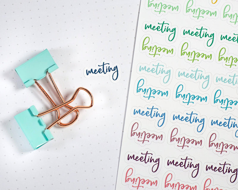 Meeting Label Planner Stickers, Script "Meeting" Labels, Color Print Planner Stickers (