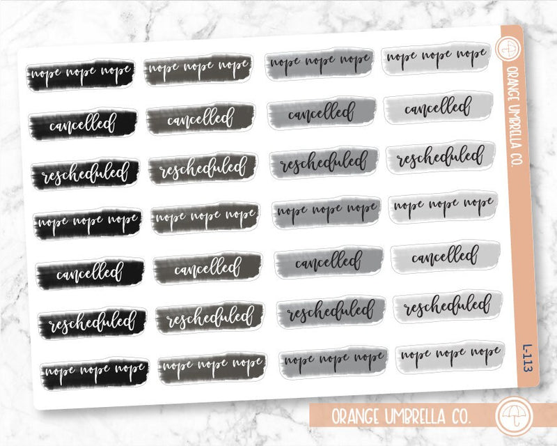 Watercolor Rescheduled Planner Stickers, Cancelled Stickers, Black and Grey Neutral Colored Note Cover Stickers, F2 (L-113)
