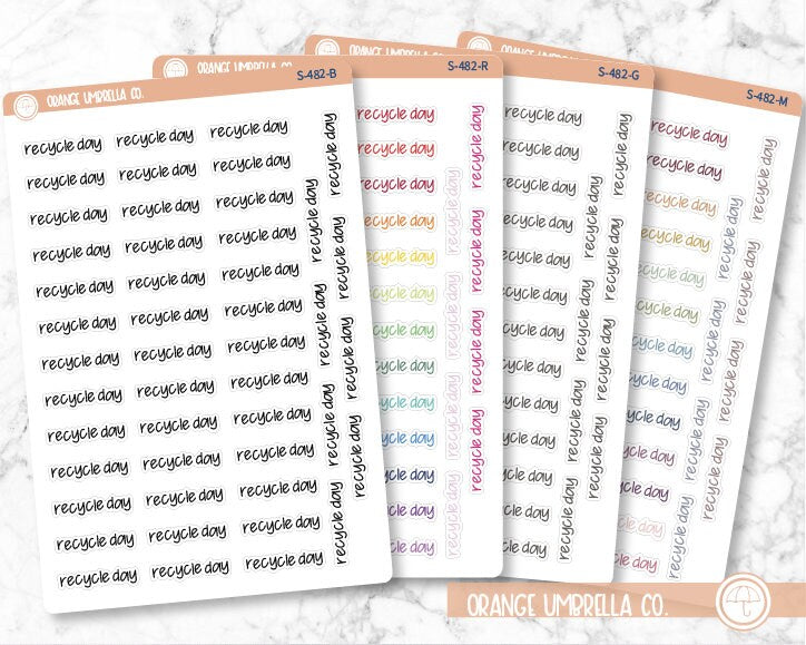 Recycle Day Planner Stickers, Script "Recycle Day" Labels, Color Print Planning Stickers, JF (S-482)