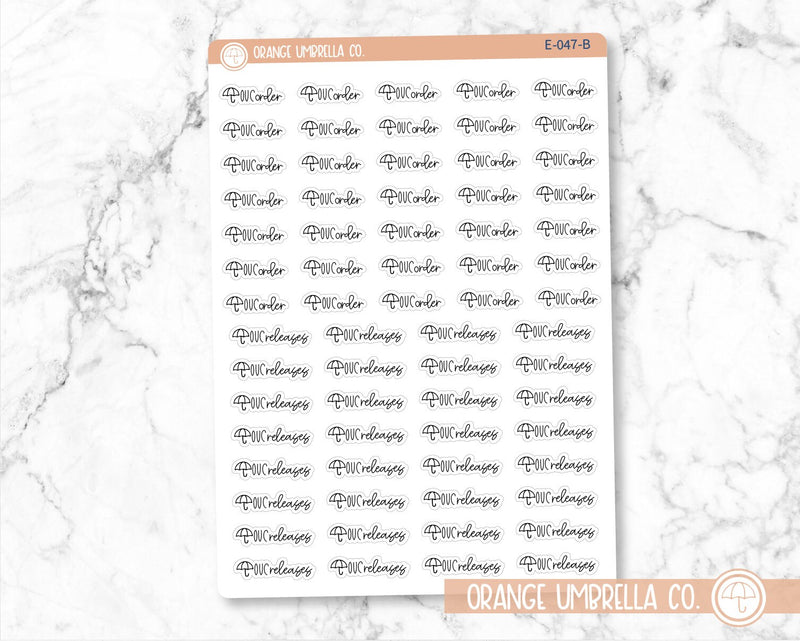 OUC Order and OUC Releases Planner Stickers, Script Orange Umbrella Co Labels, Color Print Planning Stickers, FC12 (E-047)